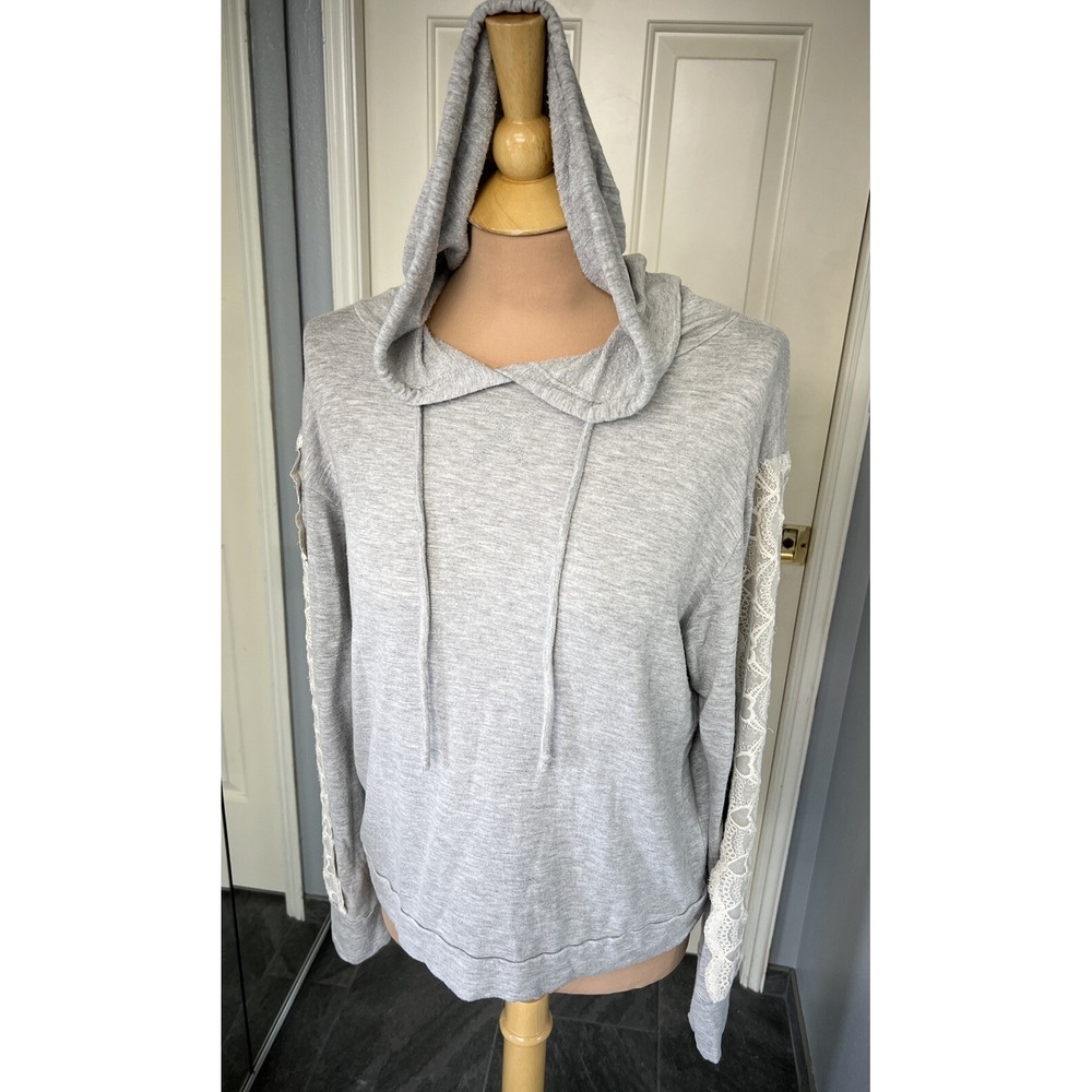 Flora Nikrooz Womens Large Gray PJ Hoodie‎ Lace Embroidered Heart Sleeves Lounge